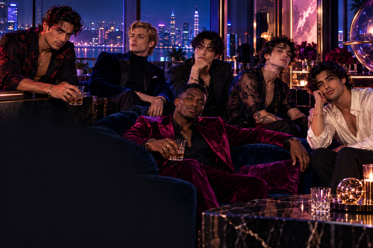 Six original adult male counterparts in a cobalt, violet and rose-lit penthouse