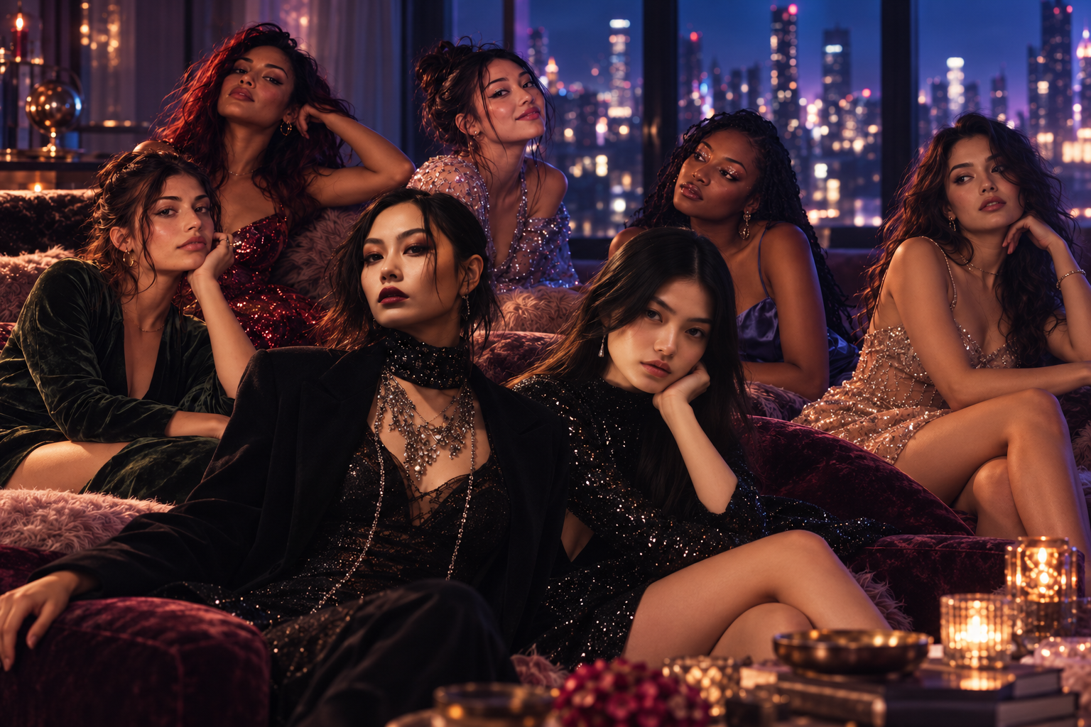 Seven adult Seluna Girls from both sides of the Zodiac Houses gathered in a cobalt, violet and rose-lit city interior